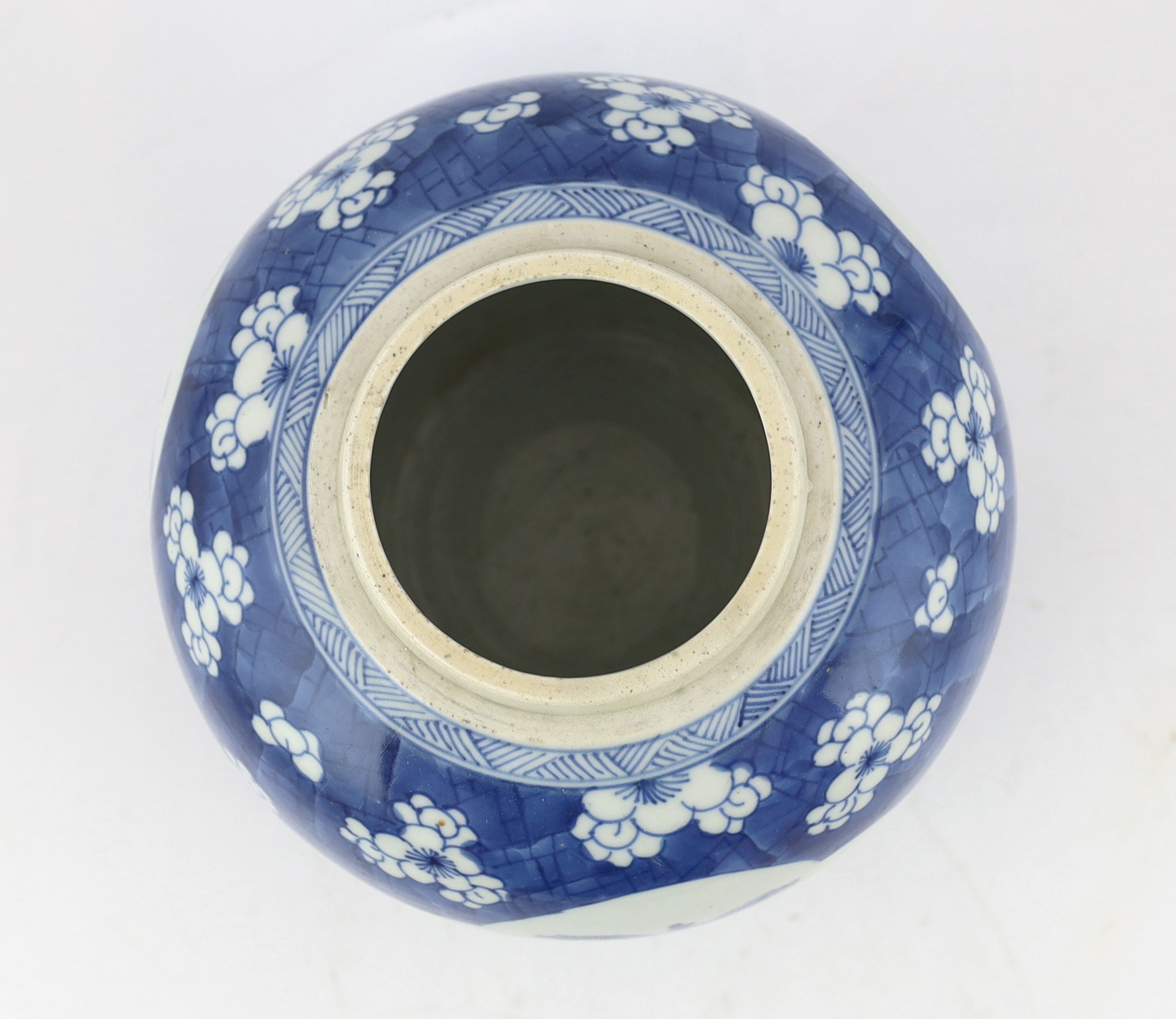 A Chinese blue and white ‘Antiques’ jar, Kangxi period, minor restoration to rim